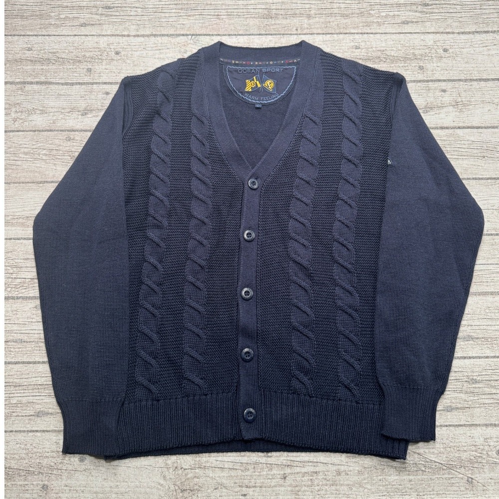 Ocean Sport Cardigan Men's L Navy Blue Cable Knit Button Up Sweater Cottage